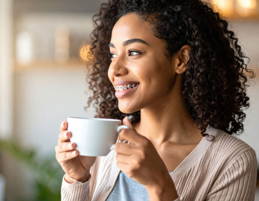 African american woman sipping coffee with braces